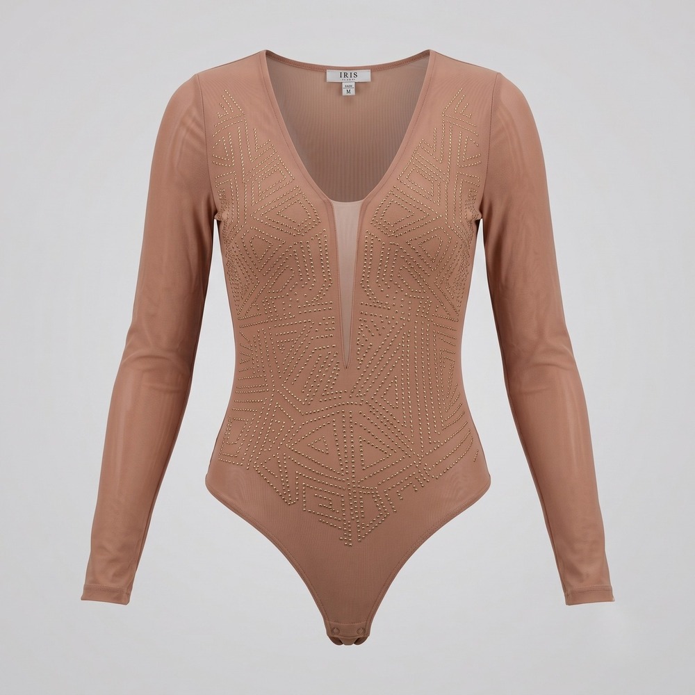 Iris Women M Tan Bodysuit IT9324‎ Studded Sheer Mesh Long Sleeve Geometric Edgy